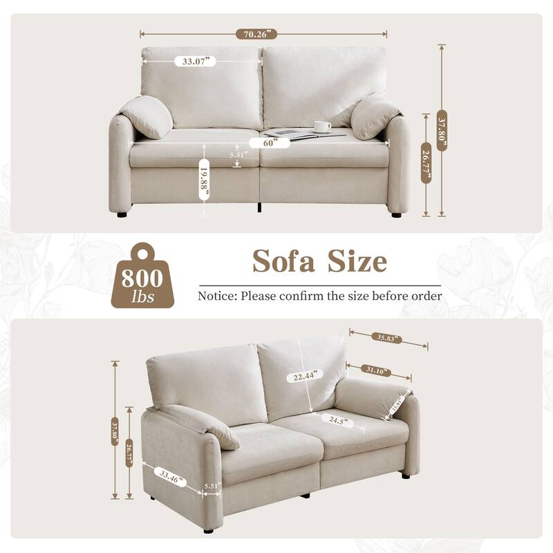 71.28" Chenille 2-Seater Sofa with Cloud-Like Cushion & Sponge Support