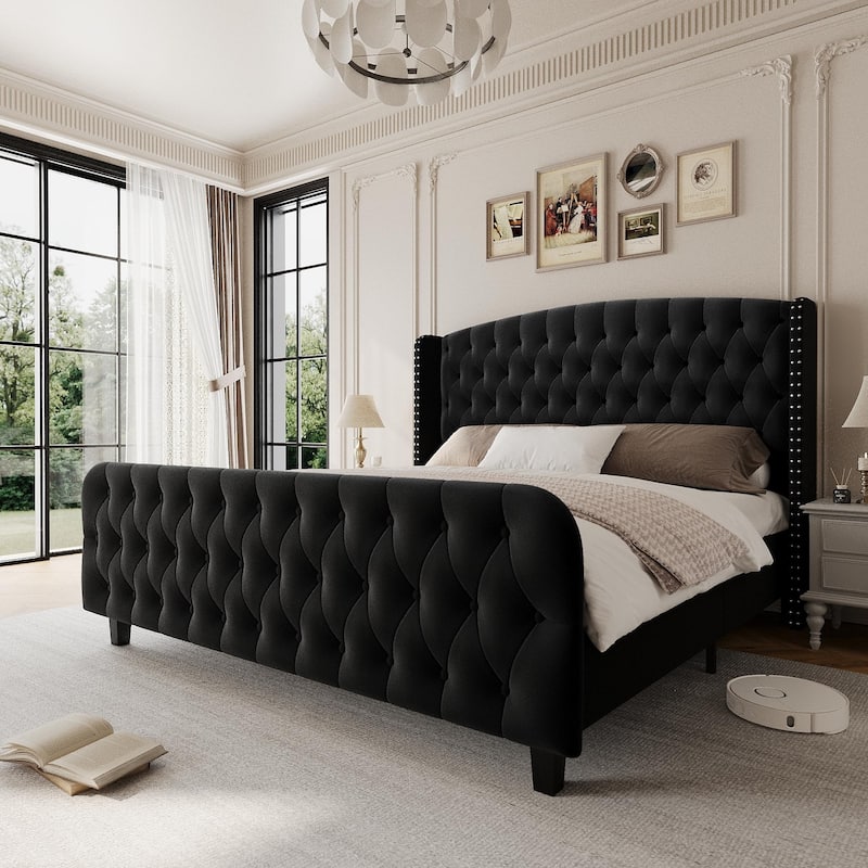 51" Tall Queen Size Bed Frame with Deep Button Tufted Wingback Headboard and Footboard - Black - King