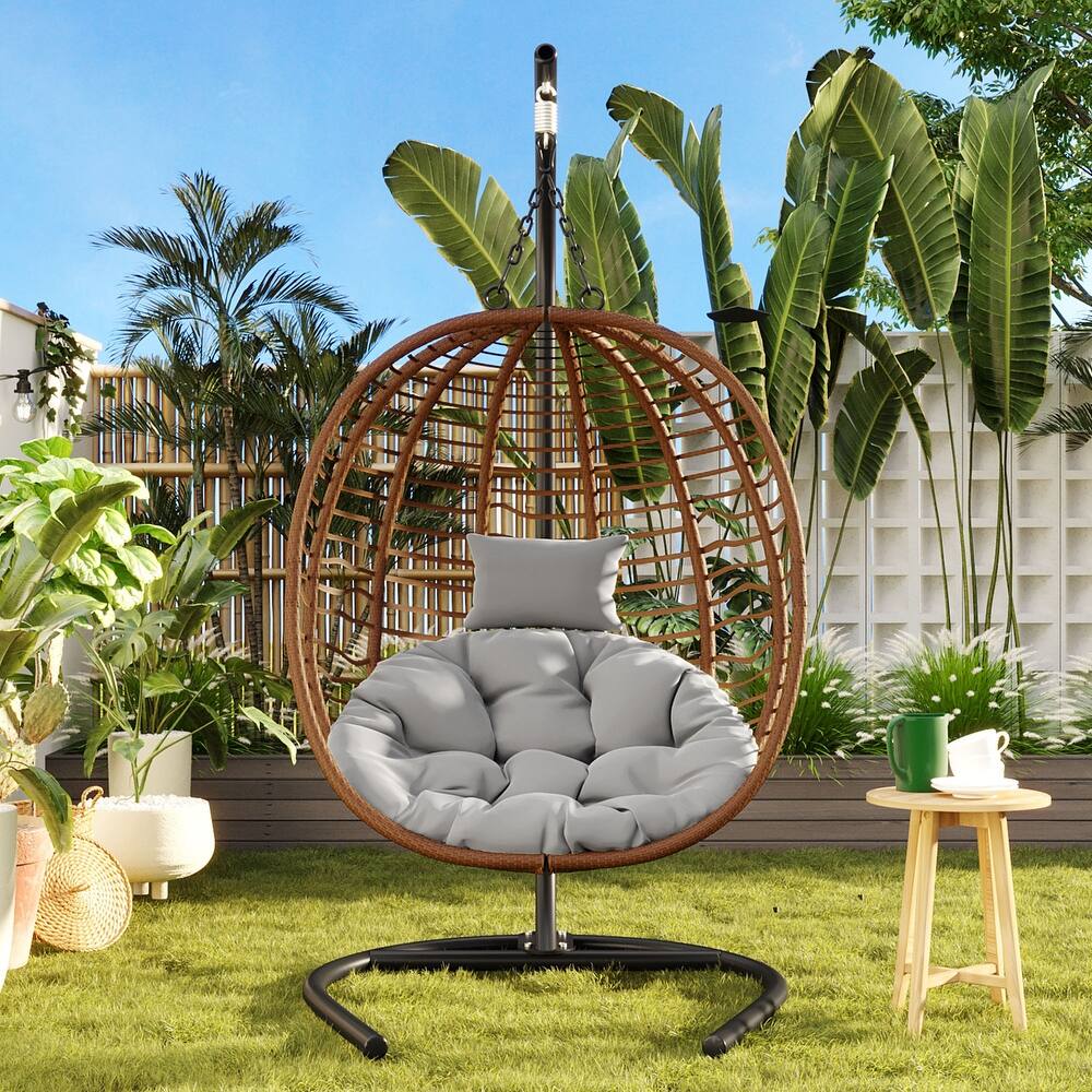 Single Person Folding Wicker Hammock Swing Chair with Adjustable Anti-Slip Feet