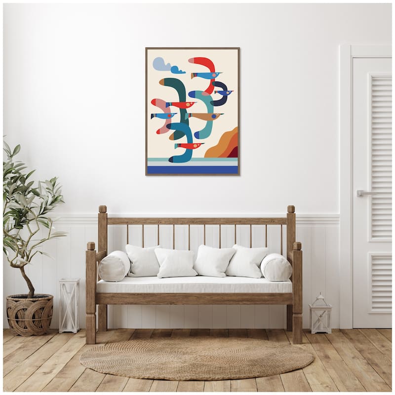 Kate and Laurel Seagulls Coastal Vibes by Rachel Lee Framed Canvas Wall Art Print