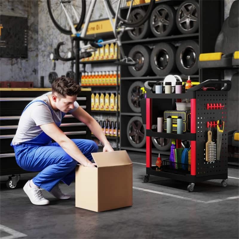 Adjustable Workshop Stool with Lumbar Support, Locking Wheels and Metal Tray and Bottle Holders
