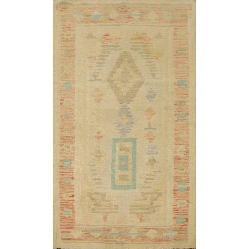 Hand Woven Oriental 100% Wool Carpet Southwestern Tribal Beige & Ivories Kilim Area Rug - 5' 1'' X 3' 2''