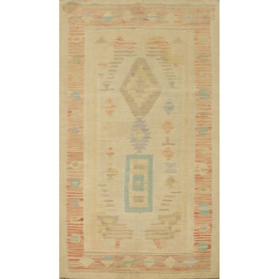 Hand Woven Oriental 100% Wool Carpet Southwestern Tribal Beige & Ivories Kilim Area Rug - 5' 1'' X 3' 2''