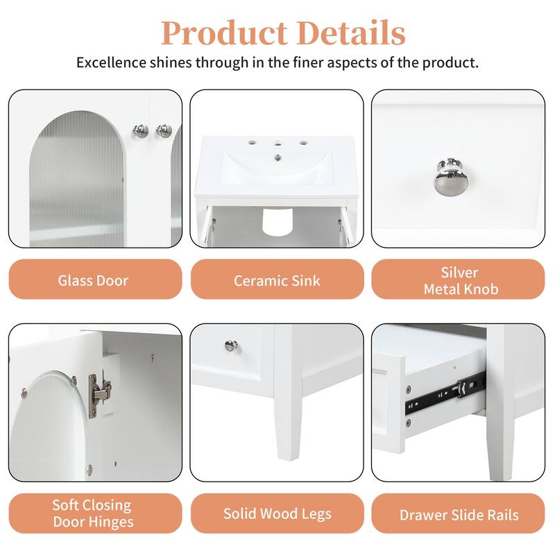 24" Bathroom Vanity with Sink, Bathroom Vanity Cabinet with One Drawer and Doors, Adjustable Shelf, Solid Wood and MDF