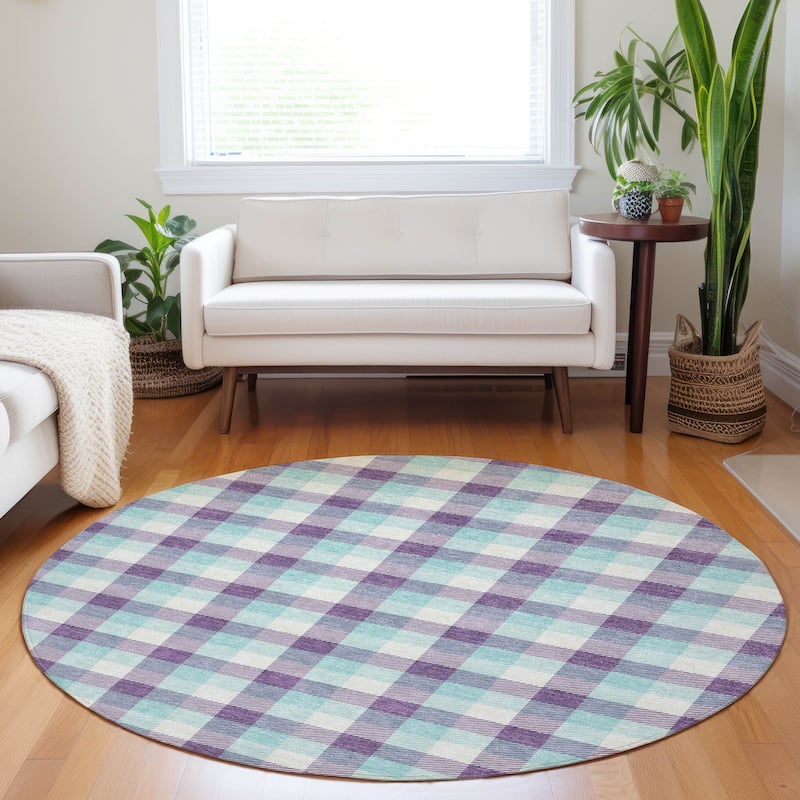 Machine Washable Indoor/ Outdoor Plaid Chantille Rug - Purple - 8' x 8'