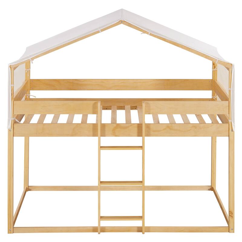 Full of Childlike Charm Bunk Bed with Tent, Twin Over Twin Wood House Bed