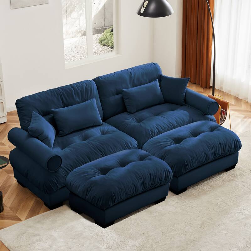 93.7" Velvet 2-Seater Sectional Sofa with Ottoman & Pillows - Blue