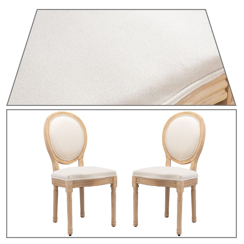 Vintage French Style Set of Two Linen Upholstered Dining Chairs with Solid Rubberwood Frame Legs