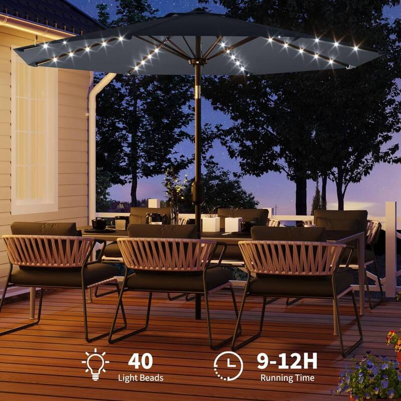 10 Ft Patio Umbrella with Solar Lights for Pool, Deck, Backyard - Grey