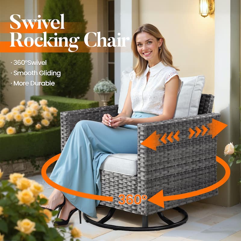 HOOOWOOO 9-piece Grey Wicker Patio Outdoor Sectional Set with Swivel Rocking Chair
