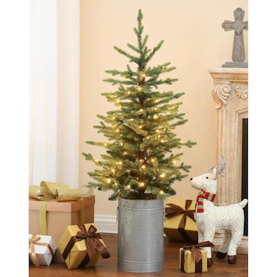 Pre-Lit LED 4ft Green Artificial Christmas Tree with Silver Metal Pot - 48" H x 23" Diameter