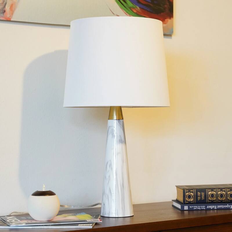 Enclave Hydro White Table Lamp with On/Off Switch Faux Marble Base Fabric Shade
