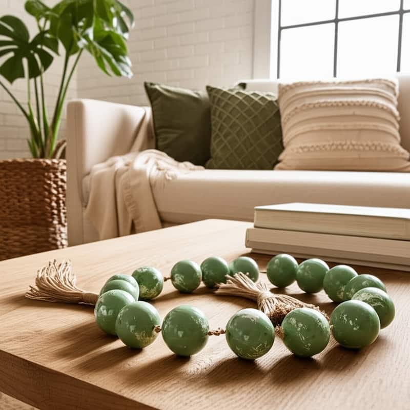 Resin Modern Decorative Beads with Jute Detailing and Textured Accents - Green - 40" x 2" x 2.01"