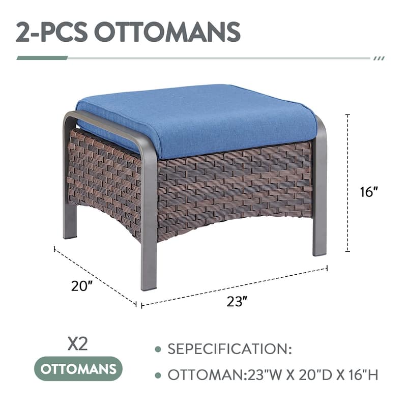Outdoor Footstool with Removable Olefin Cushions - Blue Cushion - Brown