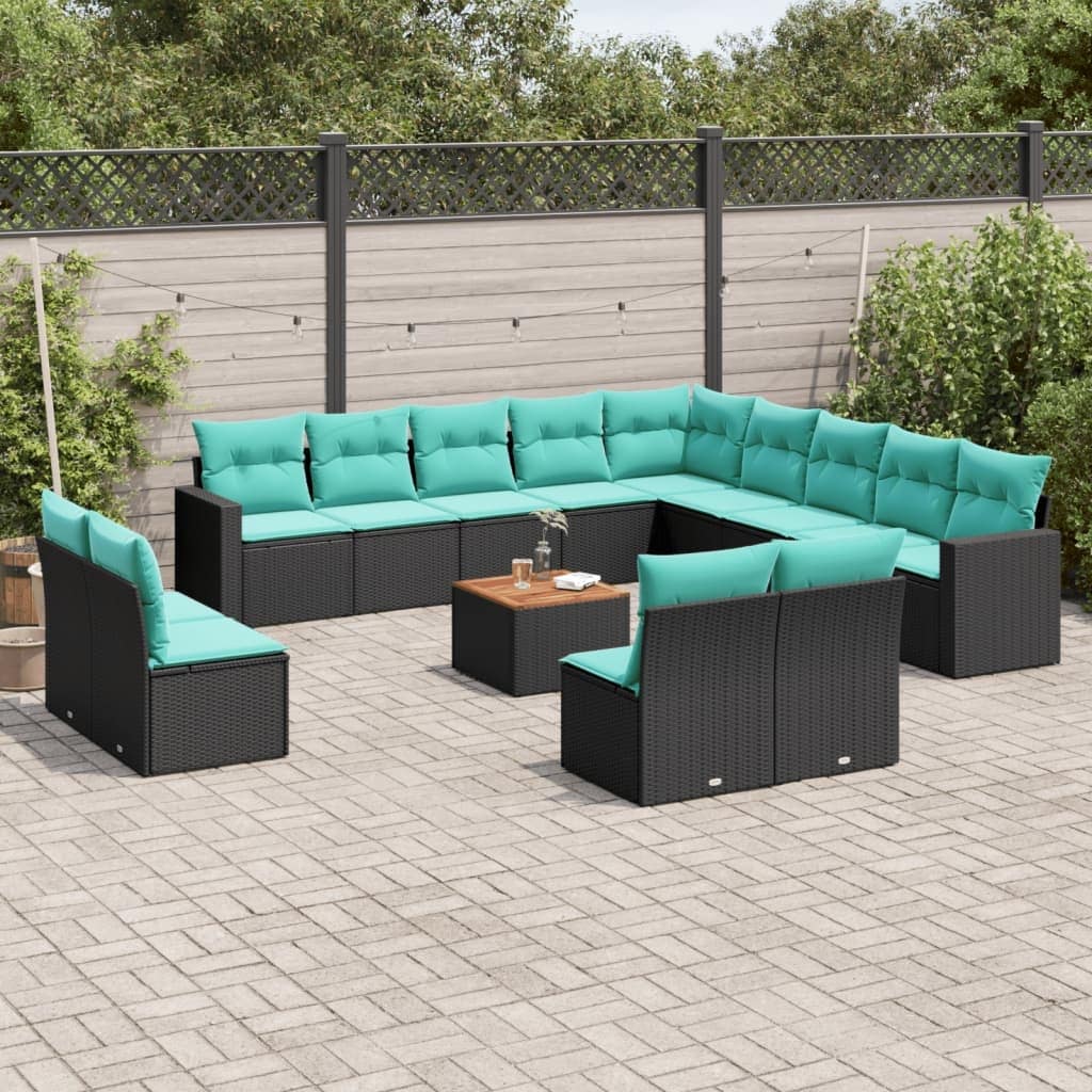 vidaXL 14 Piece Patio Sofa Set with Cushions Black Poly Rattan - 24.4 x 24.4 x 27.2 (W x D x H)