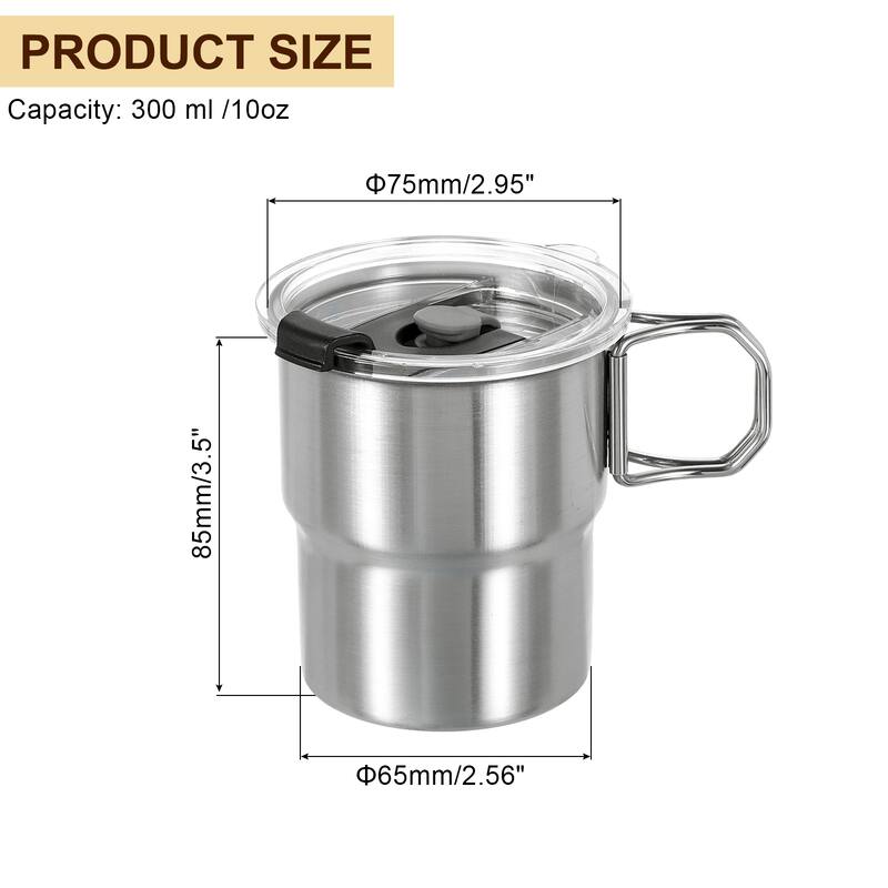 304 Stainless Steel Cups with Handle & Lid, 10oz Metal Double Wall Water Glasses - Silver - Silver