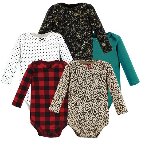 slide 1 of 1, Hudson Baby Infant Girl Cotton Long-Sleeve Bodysuits, Buffalo Plaid Leopard 0-3 Months - Buffalo Plaid Leopard