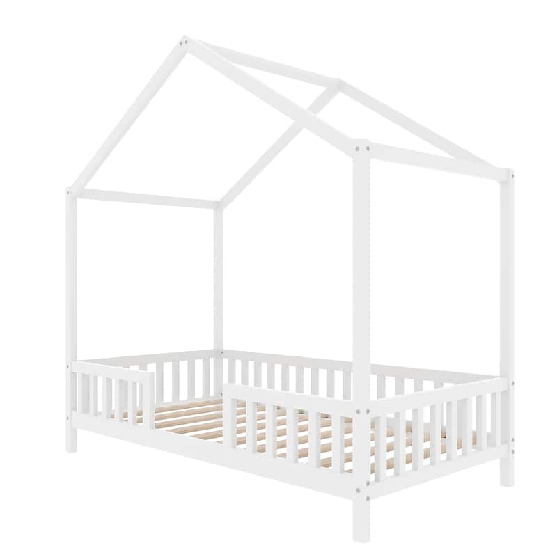 Montessori Toddler Bed Kids House Bed with Airy Canopy, Wood Bed Frame Bed Tent with 4 Full Guardrails, No Box Spring Needed