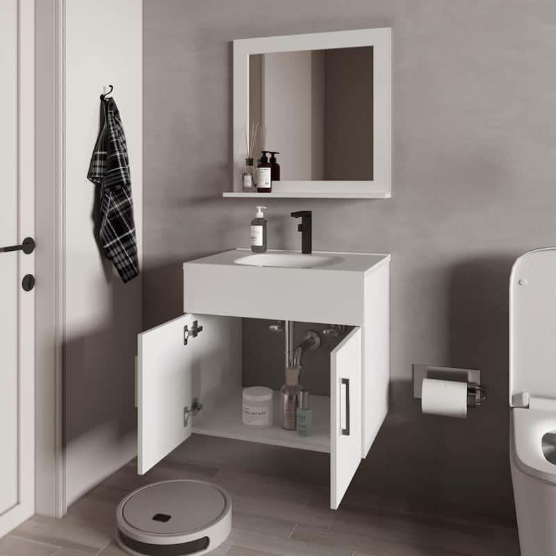 Slater Floating Bathroom Vanity Set with Sink, Two-Door Cabinet, and Mirror