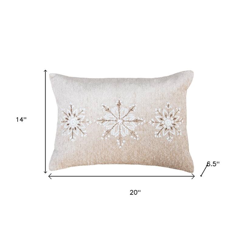 14" X 20" Beige Ivory And Gold Christmas Snowflakes Throw Pillow With Embroidery