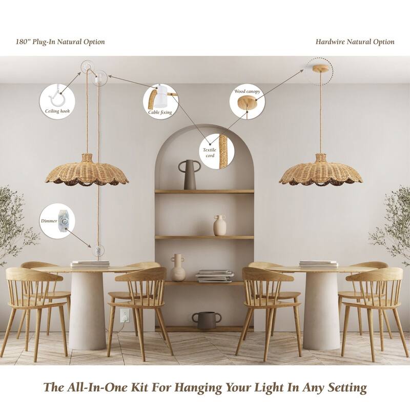 Aurelia Rattan Pendant Light - Natural Hardwired Light Fixture for Kitchen Island or Dining Room in Boho or Coastal Style