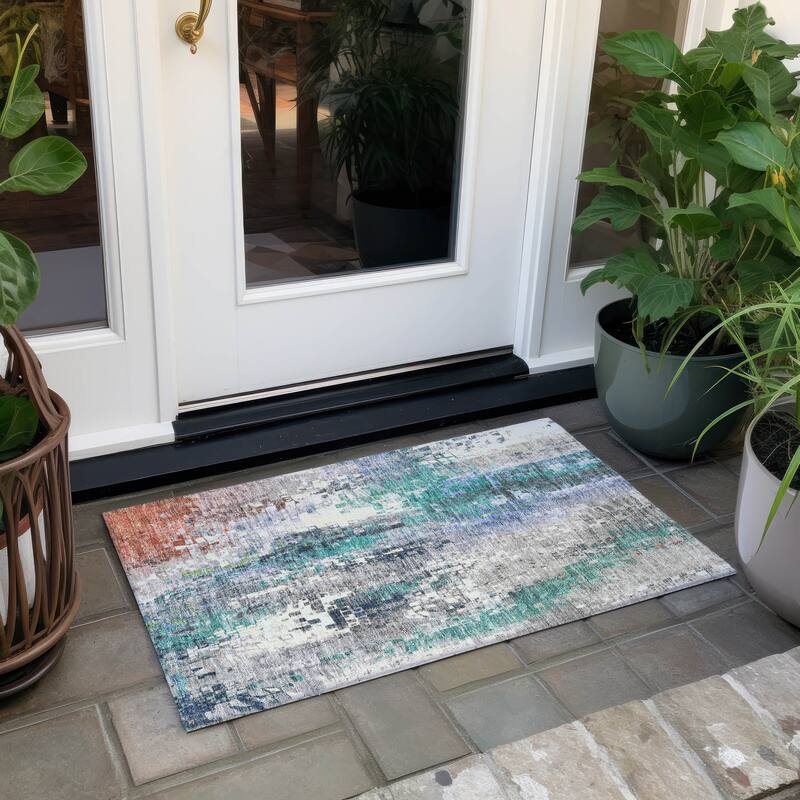 Machine Washable Indoor/ Outdoor Abstract Pixels Chantille Rug - Teal - 1'8" x 2'6"