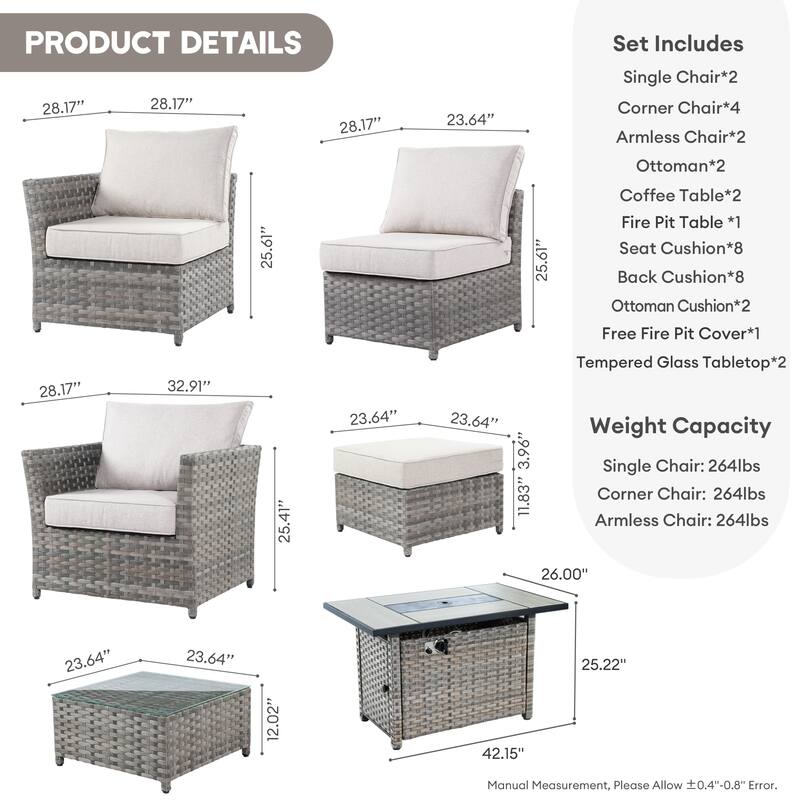 XIZZI 13-piece Patio Furniture Outdoor Wicker Sectional Set with Fire Pit