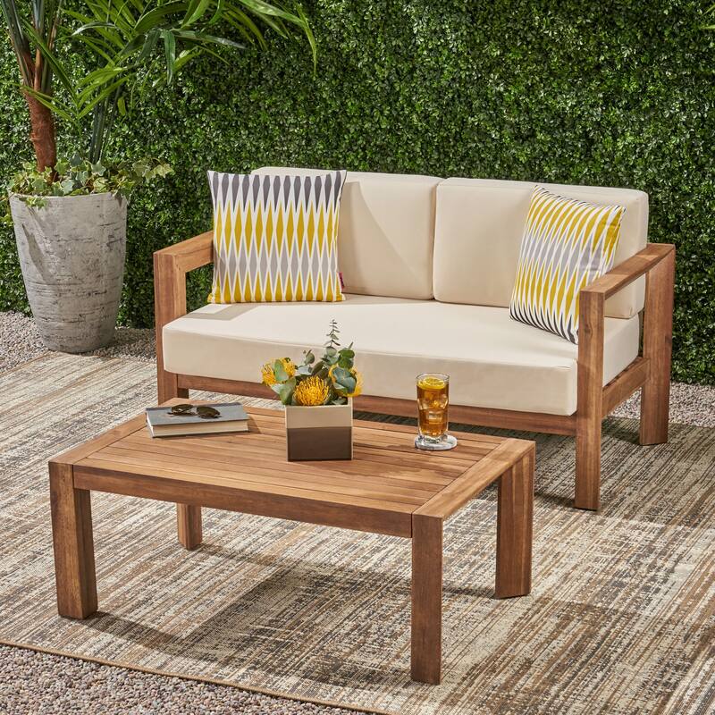 2-Piece Outdoor Patio Acacia Wood Love-seat and Coffee Table Set