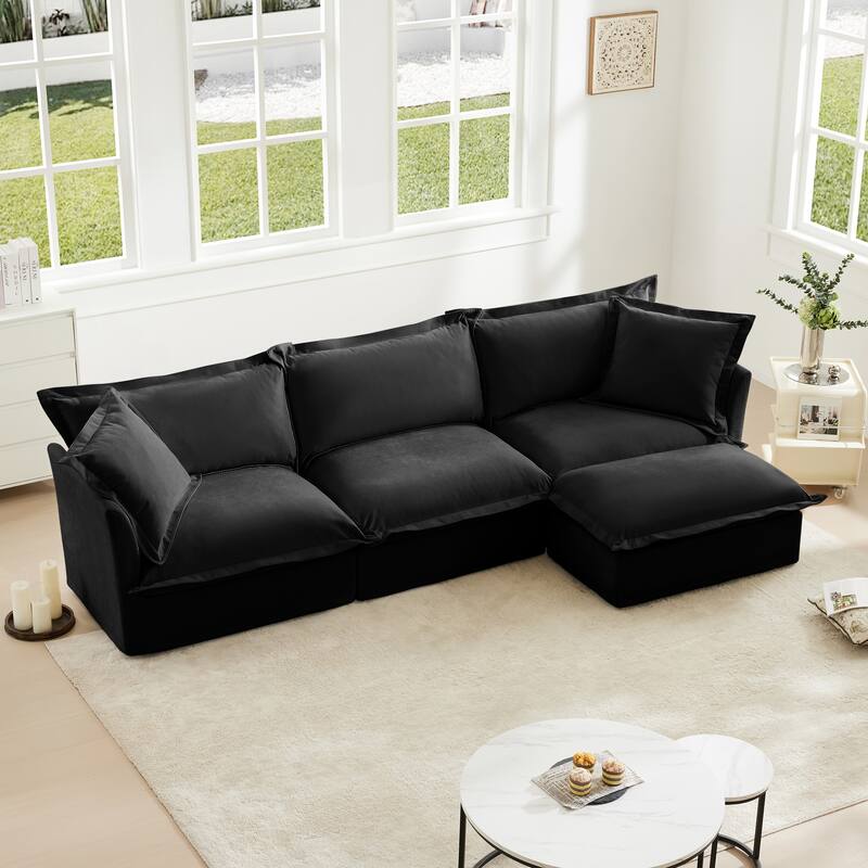 L-Shaped Slipcovered Sectional Sofa Couch, Comfy Chenille Deep Seat Cloud Couch with Convertible Ottoman & 2 Big Pillows