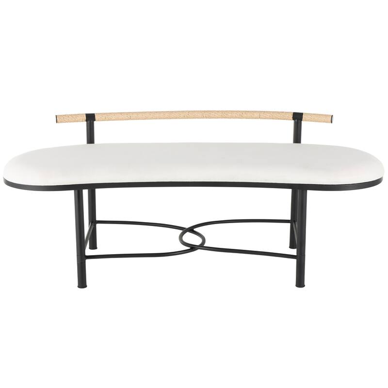 White Metal Upholstered Oval Abstract Bench with Black Metal Frame and Rope Rod Backrest