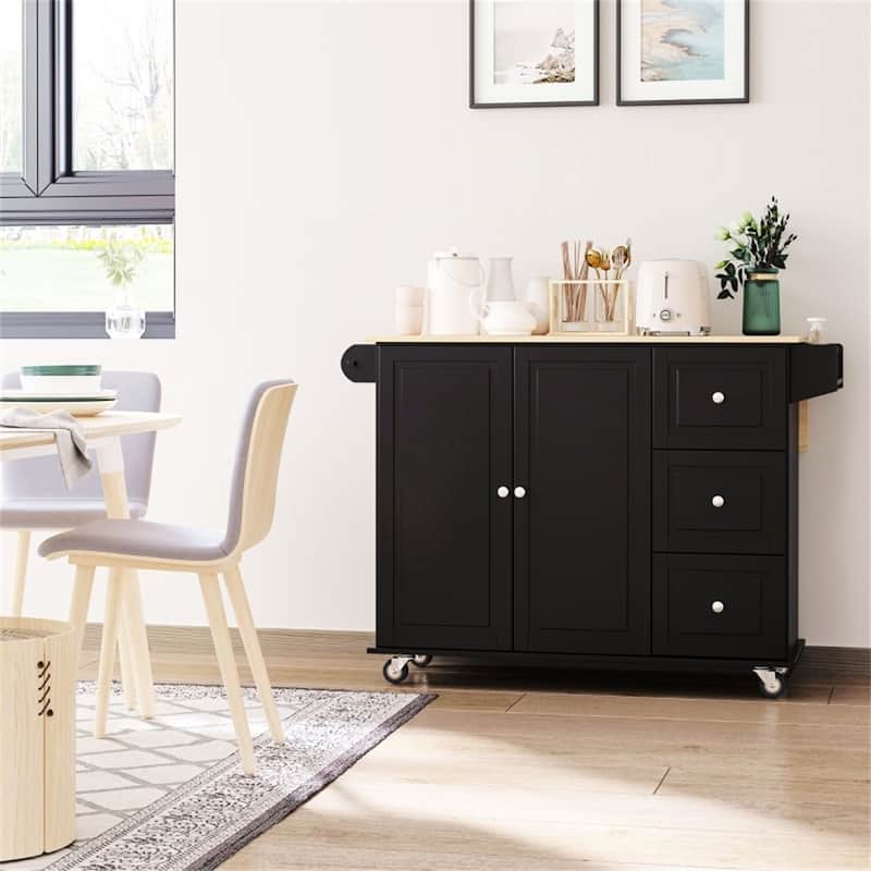 Multi-Functional Rubber Wood Counter Kitchen Cart with Cabinet Storage and Drop Leaf Extension - 50.75" L x 29.25" W x 36.5" H