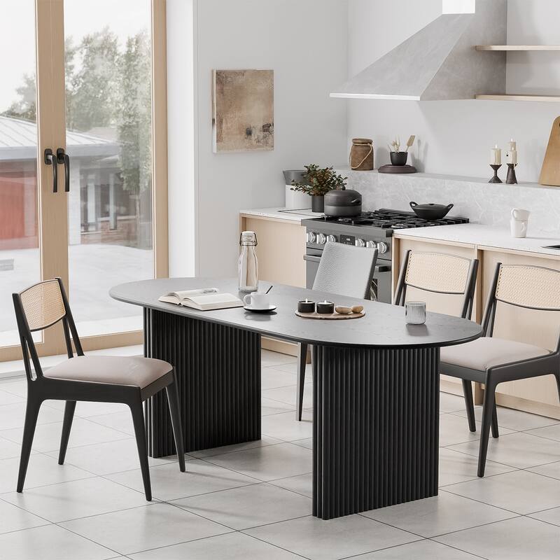 Dovelina Modern Oval Wooden Dining Table Sturdy Fluted Base for 8 People - 79"x33.5" - Black