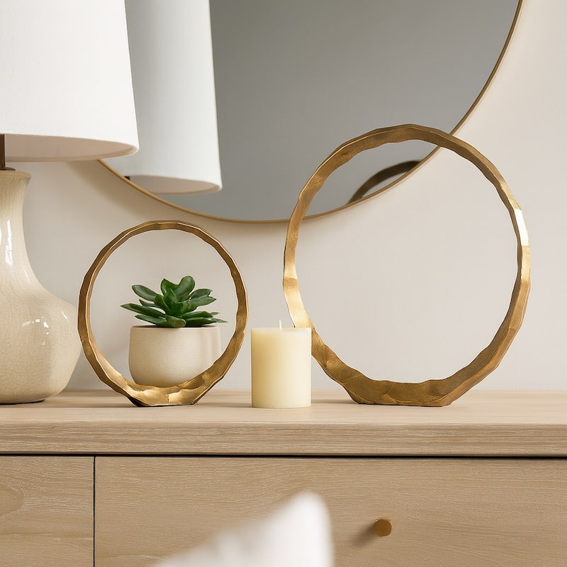Set of 2 Hammered Metal Decorative Ring Sculptures - Contemporary Abstract Gold Aluminum Ring Statues for Home or Office - Gold/ Metallic - 16" x 3" x 16"