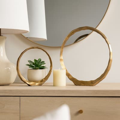 Set of 2 Hammered Metal Decorative Ring Sculptures - Contemporary Abstract Gold Aluminum Ring Statues for Home or Office