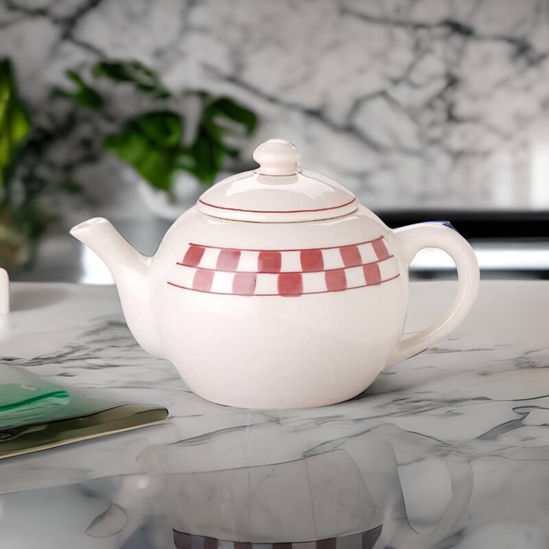Teapot Red/White Handpainted Checkmate Stoneware 64 OZ Renovators Supply