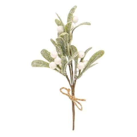 Glittered Mistletoe Pick w/Jute Bow - Green/White - 8.5" high.