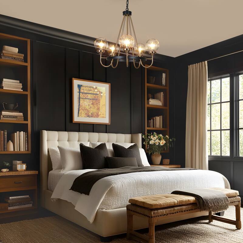 Modern 5-Light Black Gold Wagon Wheel Chandelier Glass Pendant Light for Dining Room - 22" D x 21.5" H