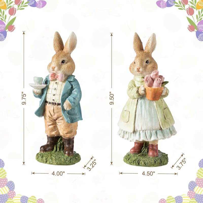 Glitzhome Easter Resin Bunny Boy Girl Table Decor with Flower Rabbit Figurine Ornaments