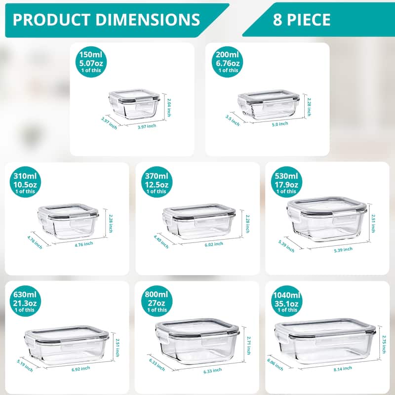 Sorbus Glass Food Storage Containers with Lids (16 Pcs)