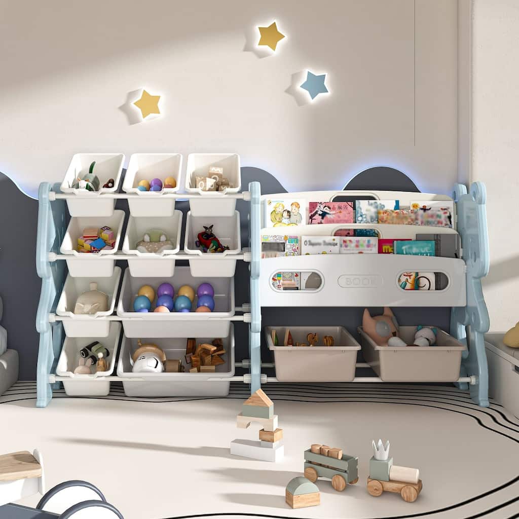 Kids Toy Storage Organizer, Toy Organizer with 2 Tier Bookshelf, Toy Storage with Shelf and 12 Toy Bins, Kids Bookshelf