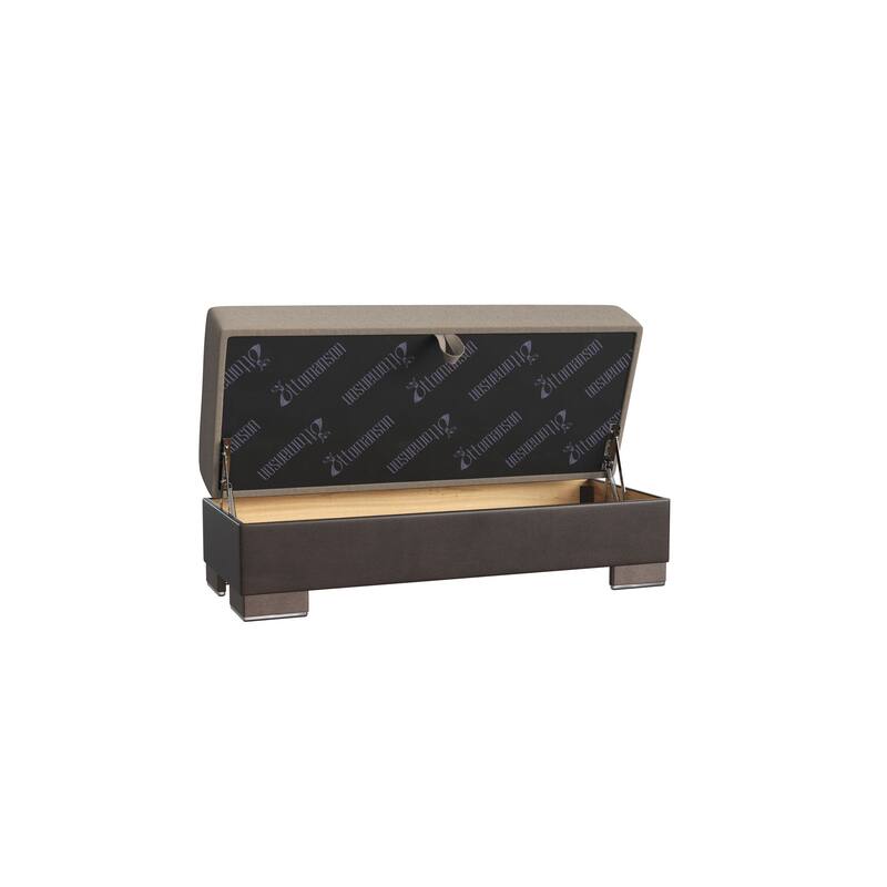 HomeRoots 52" Sand and Brown Chenille And Faux Leather Storage Ottoman