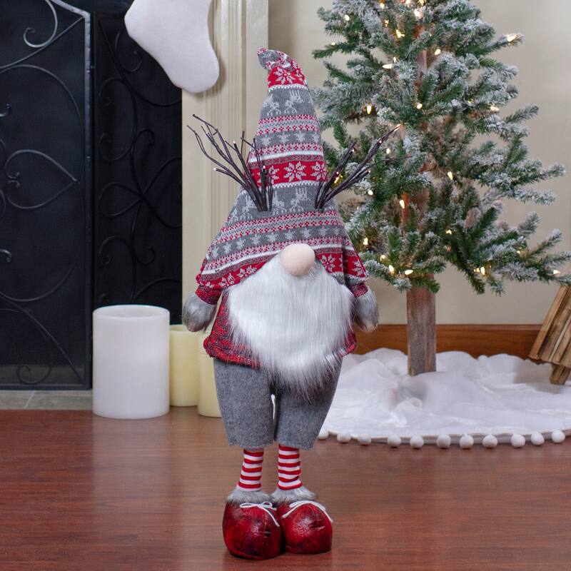 LED Lighted Nordic Hat Standing Santa Christmas Gnome with Antlers - 30" - Gray
