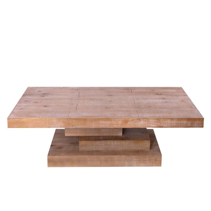 Roomfitters Modern Rustic Rectangular Coffee Table, Unique Stacked Block Base, Natural Wood Grain Finish