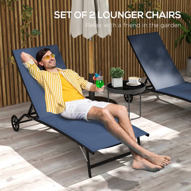 Outsunny Patio Chaise Lounge Chair Set of 2, 2 Piece Outdoor Recliner with Wheels, 5 Level Adjustable Backrest