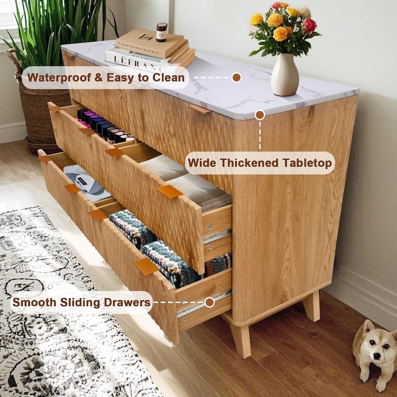 6 Drawer Wood Dresser with Faux Marble Top, 54" Wide Farmhouse Chest, Drip Pattern Design,