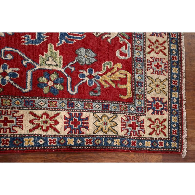 Red Geometric Kazak Oriental Foyer Rug Handmade Wool Carpet - 3'3" x 5'1"