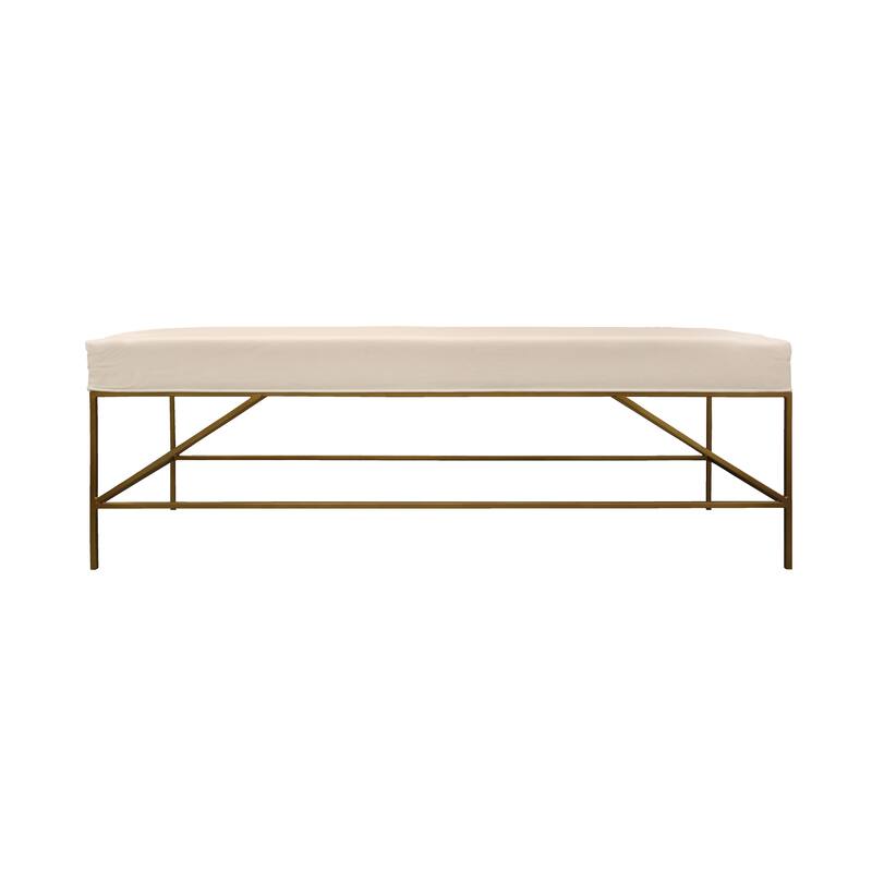 Hill Linen Upholstered Bench with Antique Brass Finished Iron Frame