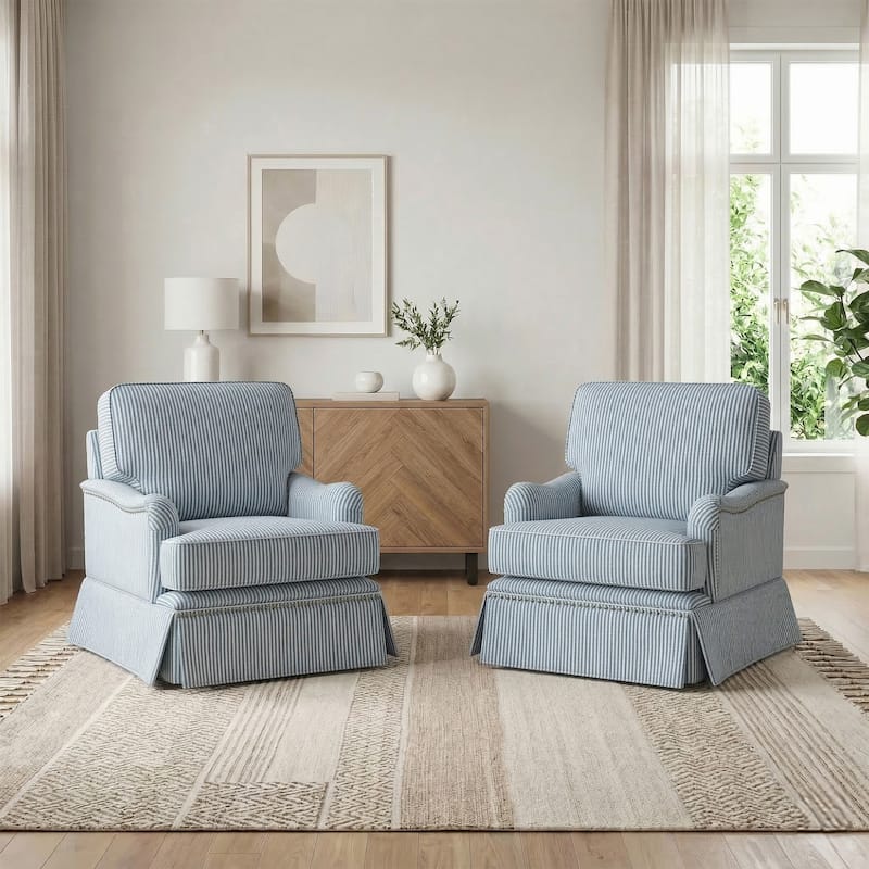 Set of 2 Chenille Swivel Accent Chair with Nailhead Trim Skirt - Striped Blue