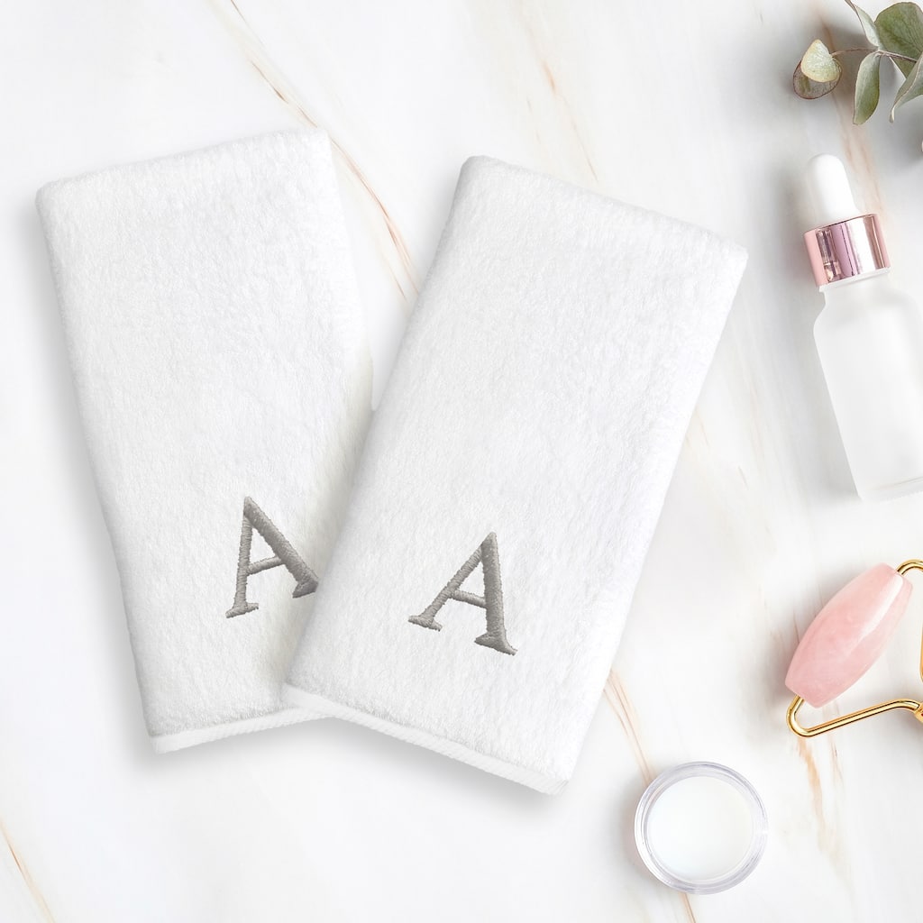 Authentic Hotel and Spa 2-piece White Turkish Cotton Hand Towels with Grey Block Monogrammed Initial