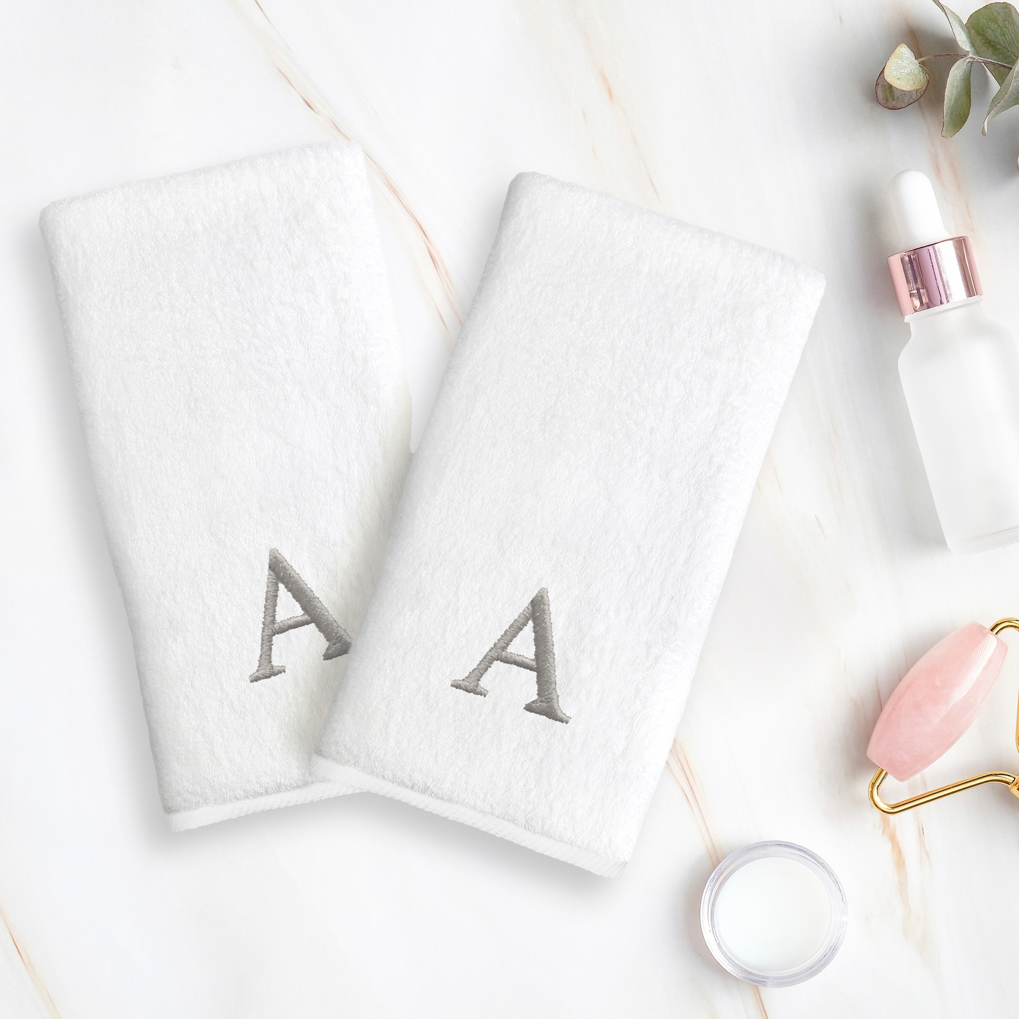 Authentic Hotel and Spa 2-piece White Turkish Cotton Hand Towels with Grey Block Monogrammed Initial